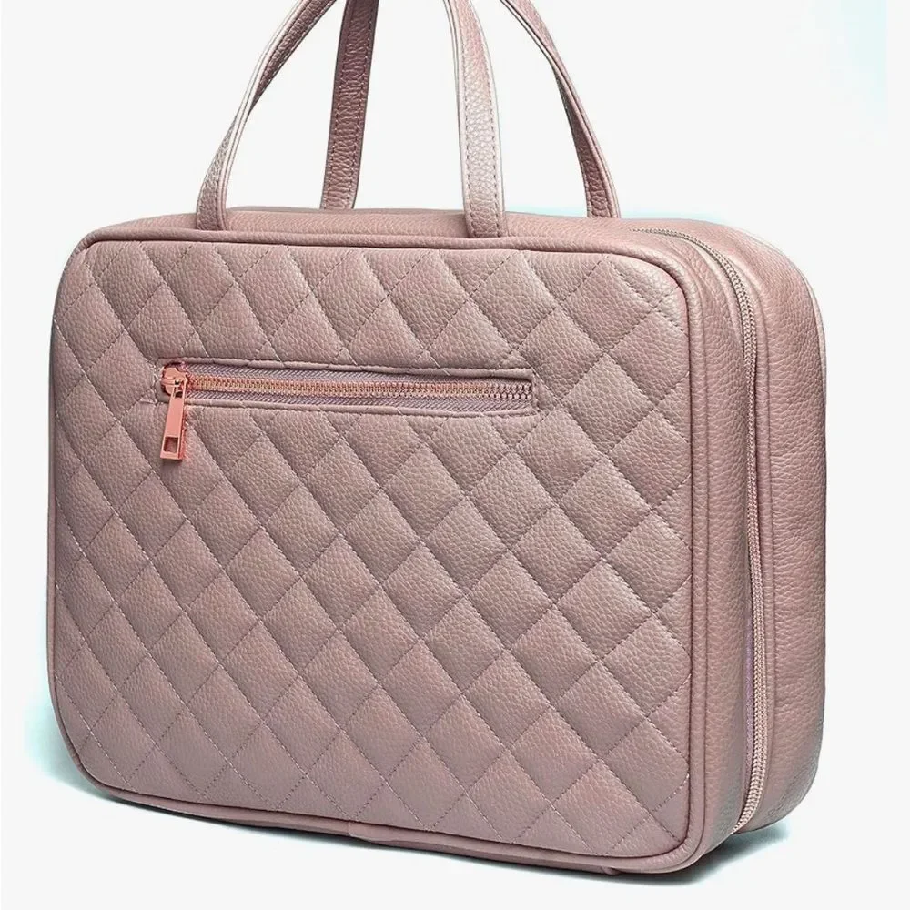 Chic Quilted‎ Leather Large Travel Toiletry Bag in Pink